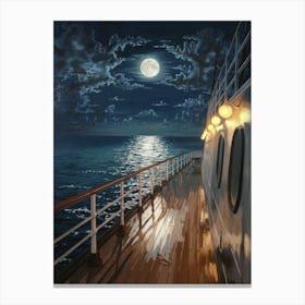 Anime Canvas Art: Moonlit Ship Deck with Calm Ocean Reflections, Perfect for Lofi Aesthetic and Serene Night Scene Lovers. Canvas Print