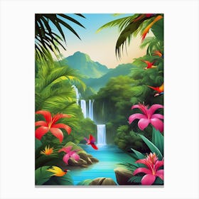 Tropical Landscape With Waterfall And Flowers Canvas Print