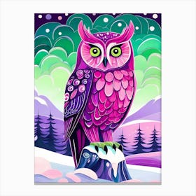 Pink Owl Snowy Landscape Painting (114) Canvas Print