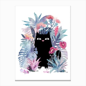 Popoki (Black Cat in Flowers) On White Canvas Print