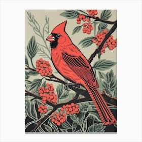 Vintage Bird Linocut Northern Cardinal 2 Canvas Print