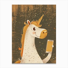 Unicorn With A Smart Phone Muted Pastels Mustard 2 Canvas Print