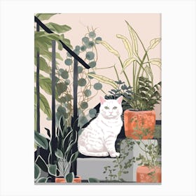 White Cat And House Plants 1 Canvas Print
