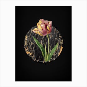 Vintage Tulip Botanical in Gilded Marble on Shadowy Black Canvas Print