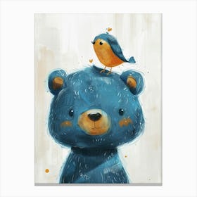 Small Joyful Bear With A Bird On Its Head 15 Canvas Print