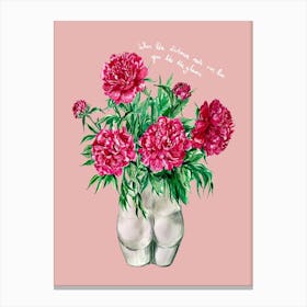 Peonies In Bum Vase On Pink With Slogan Canvas Print