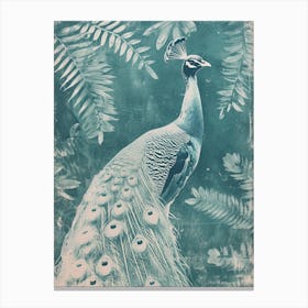 Vintage Peacock With Tropical Leaves Cyanotype Inspired 2 Canvas Print