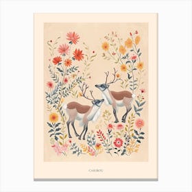 Folksy Floral Animal Drawing Caribou Poster Canvas Print
