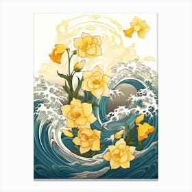 Great Wave With Daffodil Flower Drawing In The Style Of Ukiyo E 3 Canvas Print