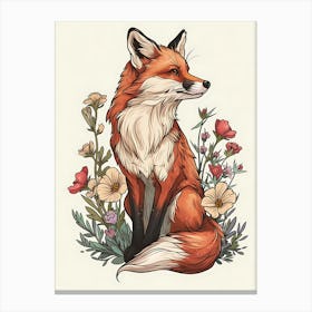 Amazing Red Fox With Flowers 14 Canvas Print