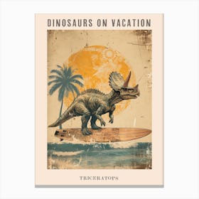 Vintage Triceratops Dinosaur On A Surf Board 1 Poster Canvas Print