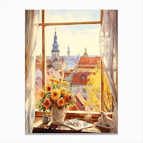 Window View Of Vilnius Lithuania In Autumn Fall, Watercolour 3 Canvas Print
