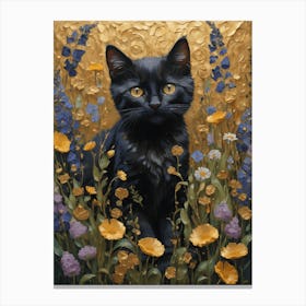 Klimt Style Black Kitten Cat in English Garden Wild Flowers Gold Leaf Painting - Gustav Klimt Monet Waterlillies HD High Resolution Poppies 1 Canvas Print