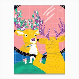 Deer Cleaning His Teeth In Front Of A Mirror Canvas Print