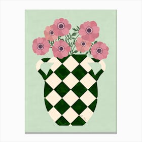 Peonies Pink And Green Checkered Vase Canvas Print