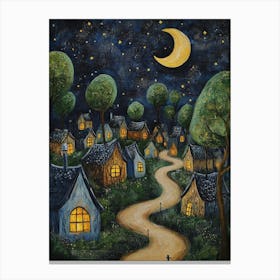 Village At Night With Stars and Moon In The Sky 8 Canvas Print