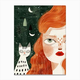 Red Haired Girl With Cat Canvas Print