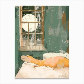 Muted Pastel Mustard Teal Dinosaur In Bed Canvas Print