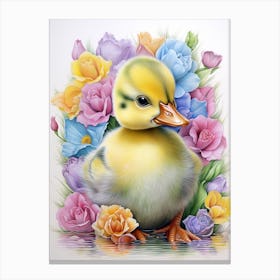 Floral Duckling Detailed Pencil Illustration 2 Canvas Print