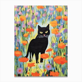 Cute Black Cat Painting In A Field Of Flowers Canvas Print