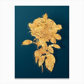 Vintage Giant French Rose Botanical in Gold on Teal Blue n.0319 Canvas Print