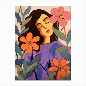Woman With Autumnal Flowers Periwinkle Canvas Print