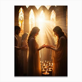 Candlelight Vigil During Spiritual Celebration Rays Of Soft Golden Light Breaking Through Stained G Canvas Print