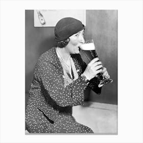 Woman Drinking Beer, Black and White Vintage Photo Canvas Print