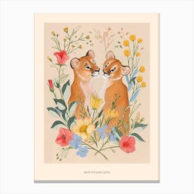 Folksy Floral Animal Drawing Mountain Lion 2 Poster Canvas Print