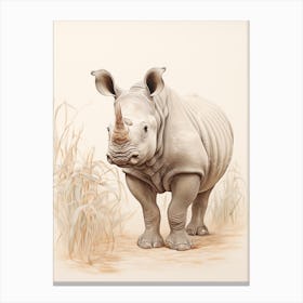 Rhino In The Grass Sepia Illustration Canvas Print
