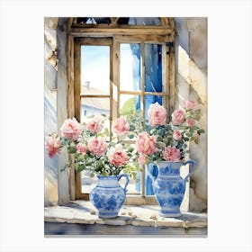 Pink Roses by the Windowsill Canvas Print