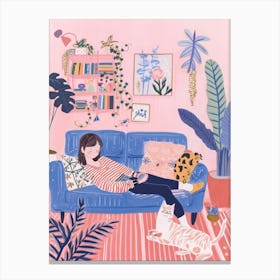 Girl In The Sofa With Pets Tv Lo Fi Kawaii Illustration 1 Canvas Print