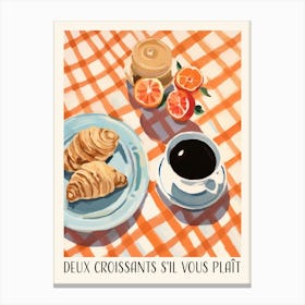 DEUX CROISSANTS S'IL VOUS PLAÎT. Vintage Gouache Breakfast with Quote Kitchen Canvas Print