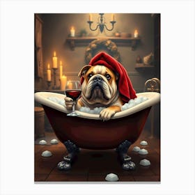 Bulldog In Bath drinking wine Canvas Print