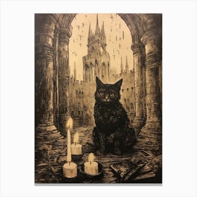 A Spooky Black Cat In The Church Courtyard With Candles Canvas Print
