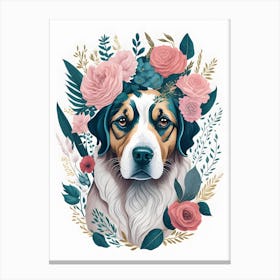 Cyte Dog Portrait Pink Flowers Painting (4) Canvas Print