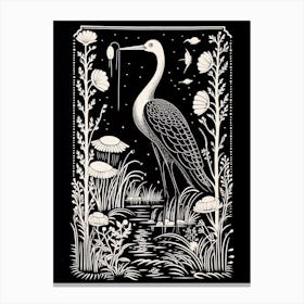 B&W Bird Linocut Crane 2 Canvas Print