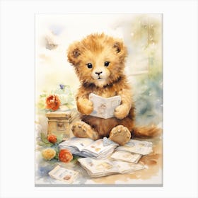 Collecting Stamps Watercolour Lion Art Painting 2 Canvas Print