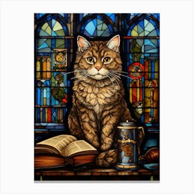 Stained Glass Cat In A Library Canvas Print