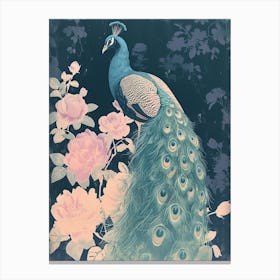 Vintage Floral Peacock Cyanotype Inspired 4 Canvas Print