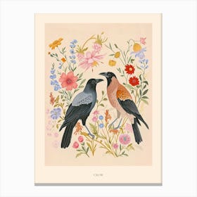 Folksy Floral Animal Drawing Crow Poster Canvas Print