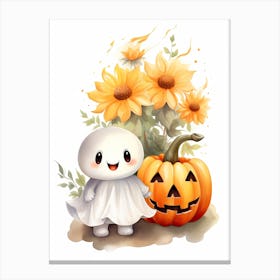 Cute Ghost With Pumpkins Halloween Watercolour 81 Canvas Print
