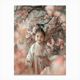 Keep Your Eyes Straight Ahead,Extreme Long Shot, Wide Angle,A Cute Chinese Baby Wearing A Traditional Chinese Hanfu, Surrounded By Azalea Flowers, With A Huge Chinese Mountain And Sea Classic Phoenix Behind Her, Smiling，Minimalist Canvas Print