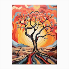 Tree at Sunset in Desert, Abstract Vibrant Painting in Van Gogh Style Canvas Print