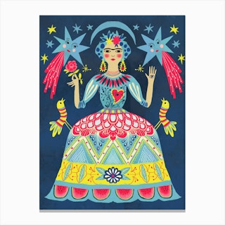 Mexican Folk Art Moon And Star Frida Canvas Print