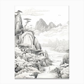 Yakushima Island In Kagoshima, Ukiyo E Black And White Line Art Drawing 1 Canvas Print