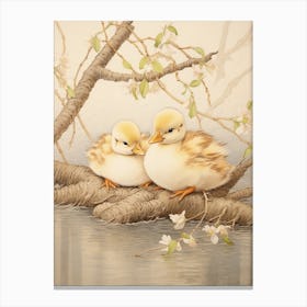 Ducklings Resting On A Tree Branch Japanese Woodblock Style 1 Canvas Print