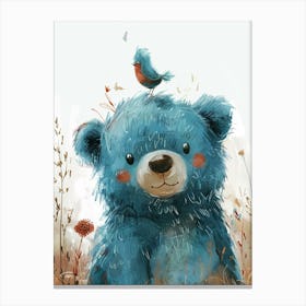 Small Joyful Bear With A Bird On Its Head 6 Canvas Print
