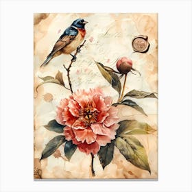 Peony And Bird Vintage art Canvas Print