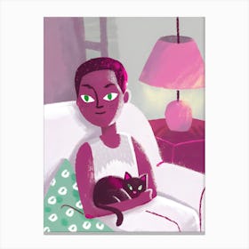 Woman Girl with A Cat in Bedroom Canvas Print